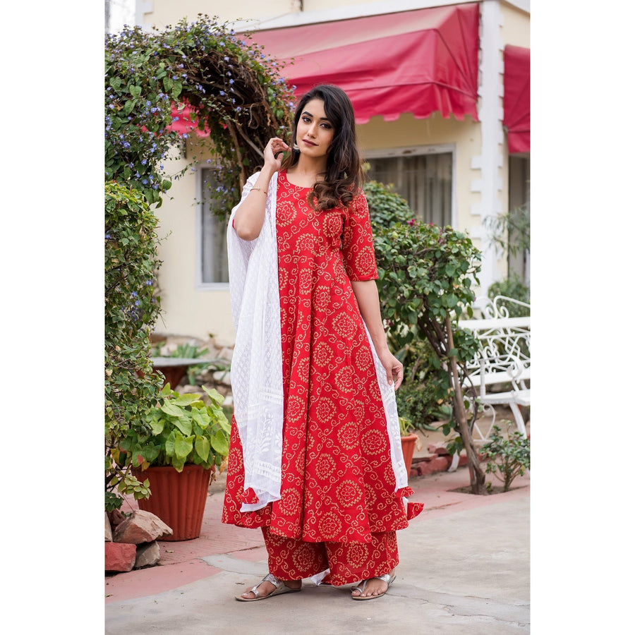 Cotton Red Bandhani Print Anarkali Suit Set | Printed anarkali suits, Red  kurta, Anarkali suit